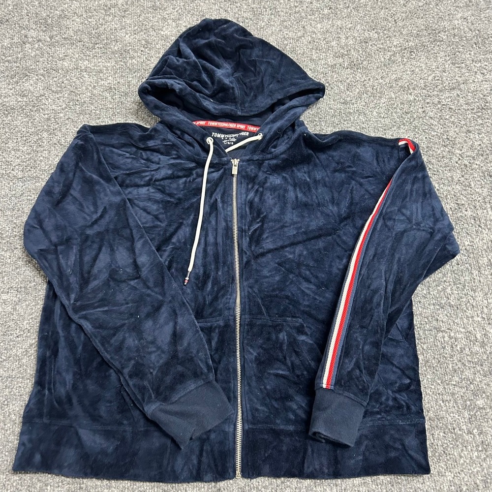 Tommy Hilfiger Hoodie Womens Size L Navy Blue Velour Zip Up Sport Stripe Soft
